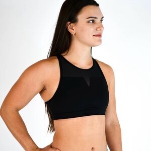 FLEO Maeve Sports Bra Light Support Black Mesh High Neck Racerback Size XS NWT